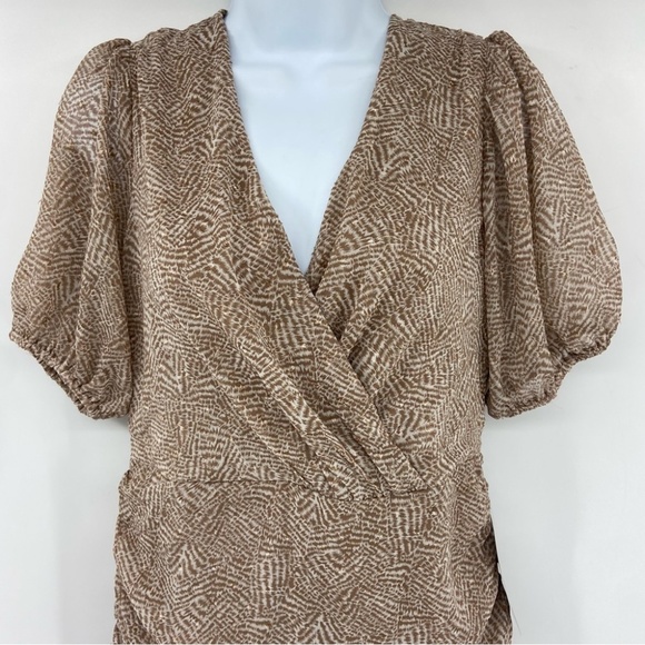 Lush Ruched Faux Wrap Mini Dress in Chocolate Abstract Print Size Medium NWT - Picture 3 of 12